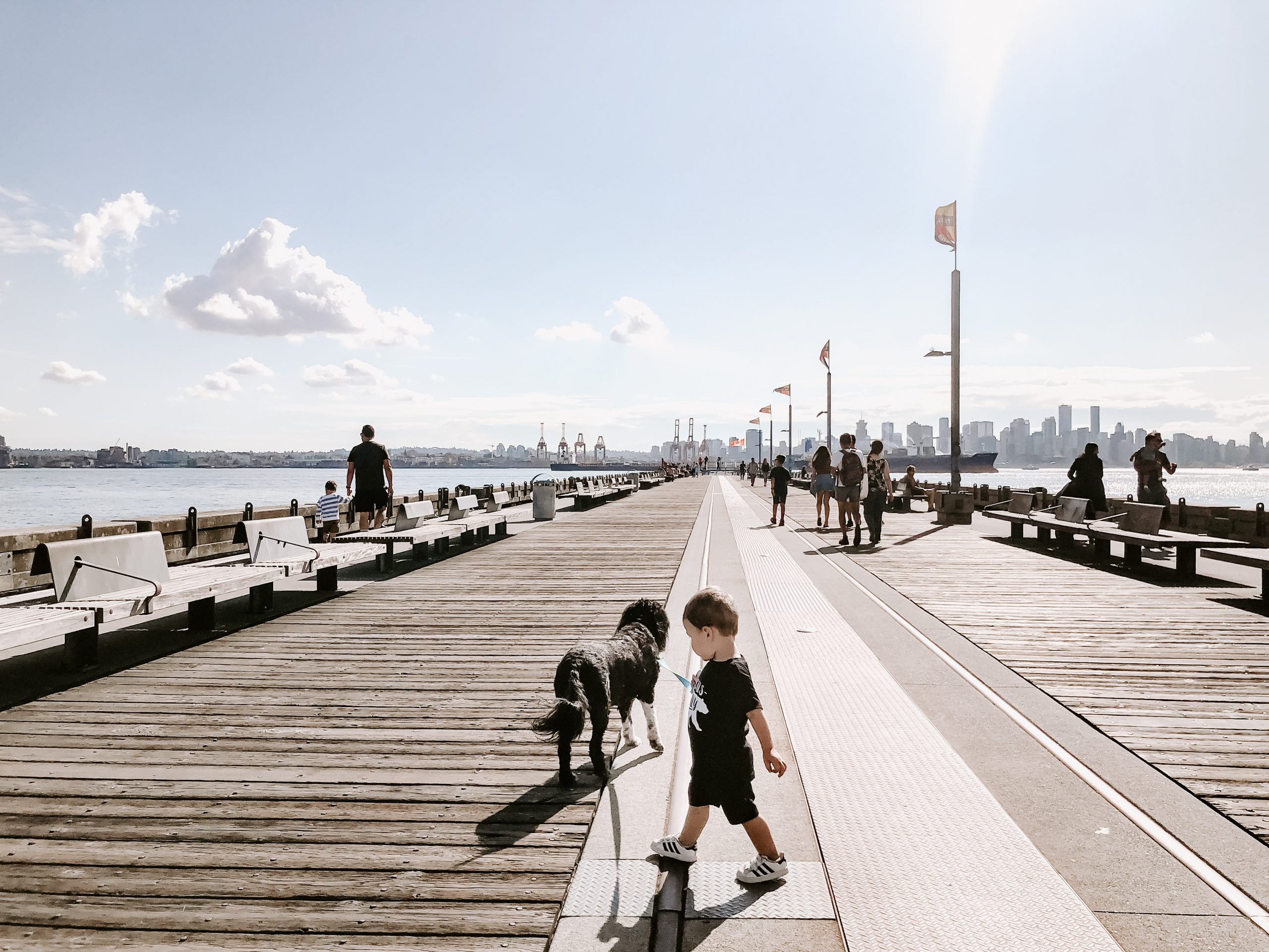 Kid playing with dog on pier in North Vancouver